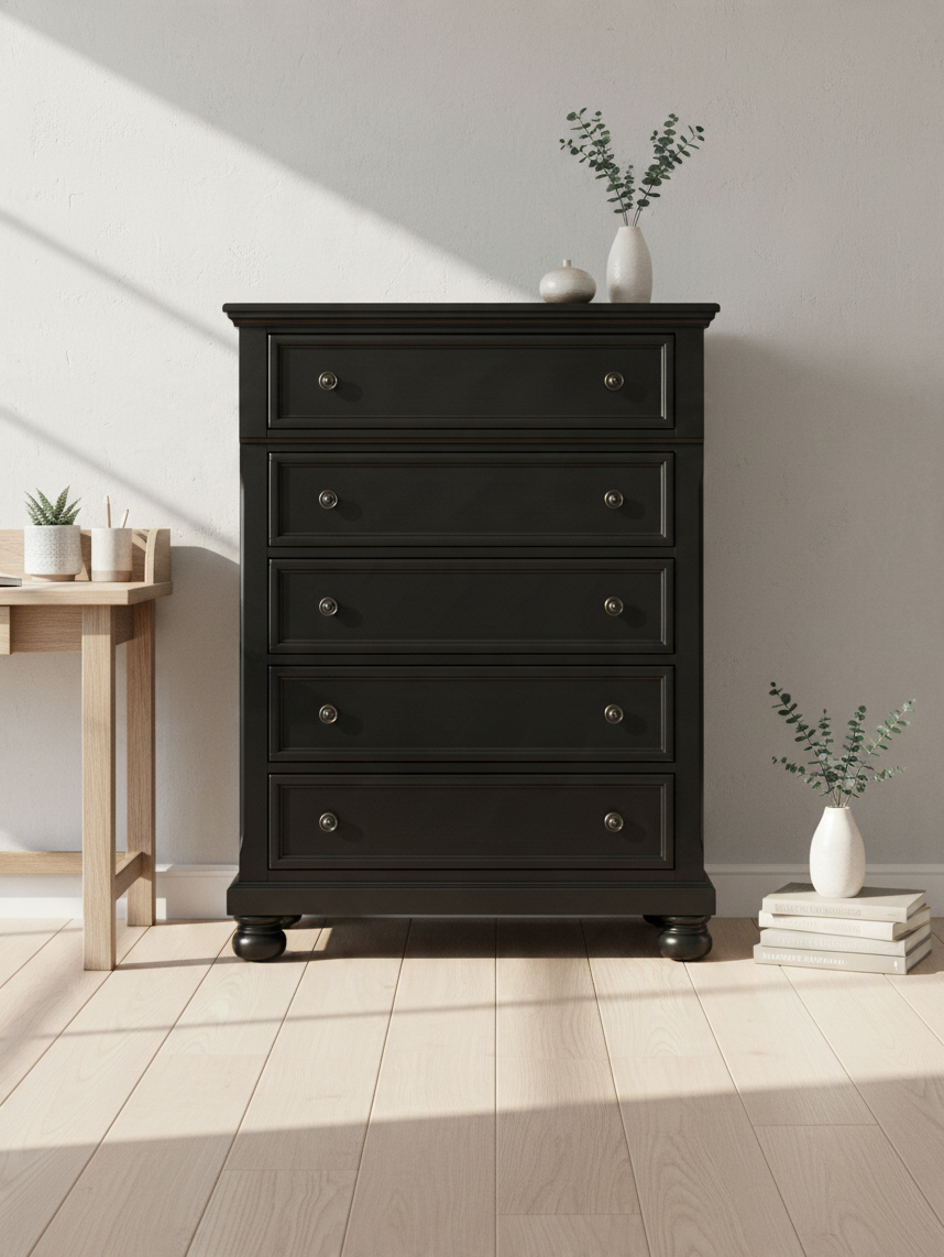 Commode haute Margaux de TOCO Meubles en bois noir effet usé avec cinq tiroirs et pieds boule dans une chambre