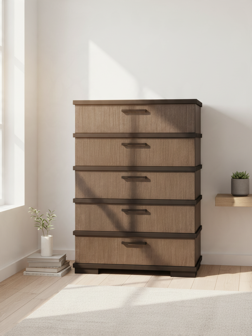 Commode haute Marius par TOCO Meubles en placage de chêne gris-brun et noir avec cinq tiroirs et poignées noires