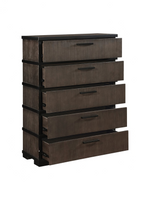 Commode haute Marius TOCO Meubles en placage de chêne gris-brun et noir avec cinq tiroirs et poignées noires mates