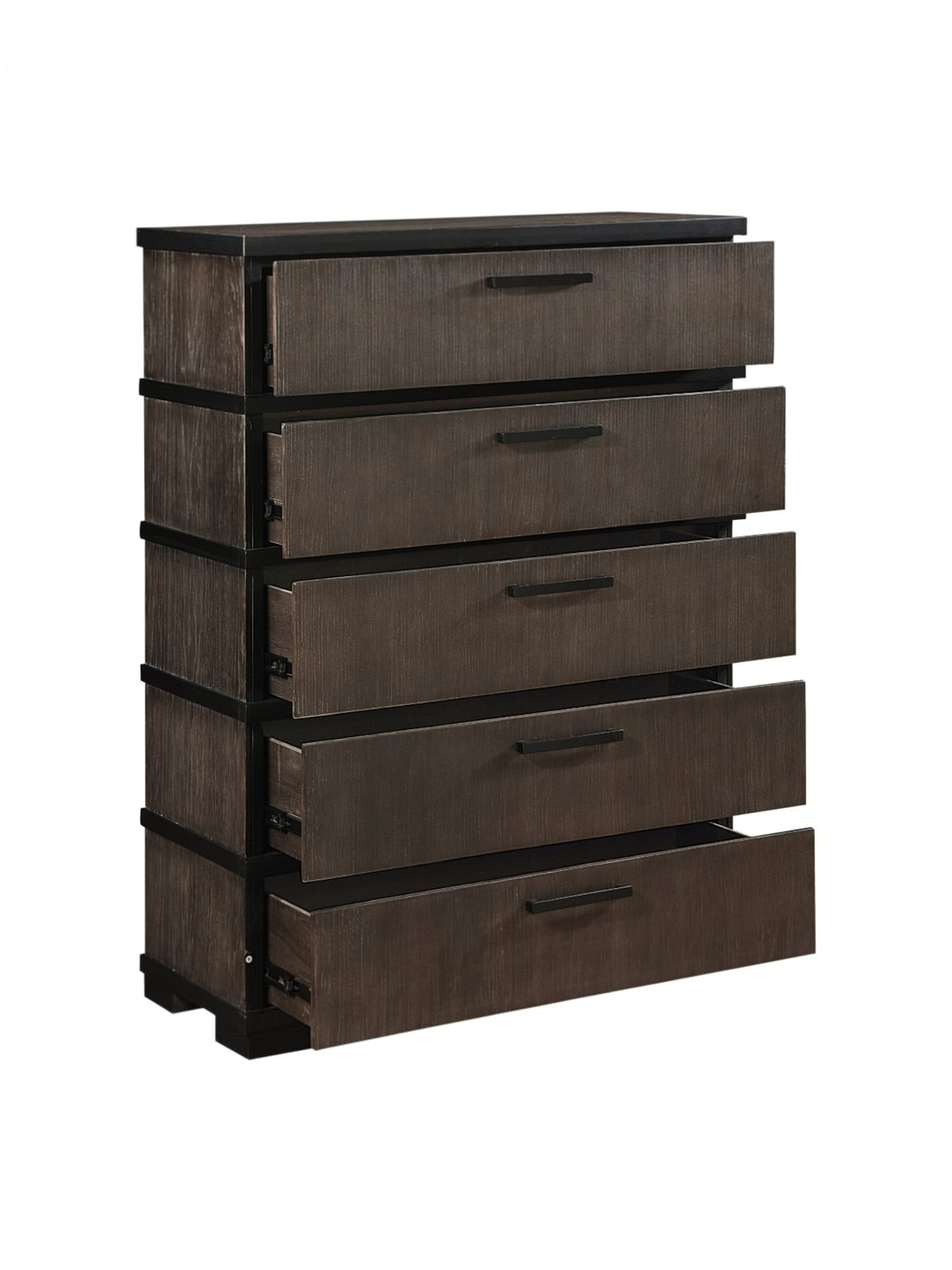 Commode haute Marius TOCO Meubles en placage de chêne gris-brun et noir avec cinq tiroirs et poignées noires mates