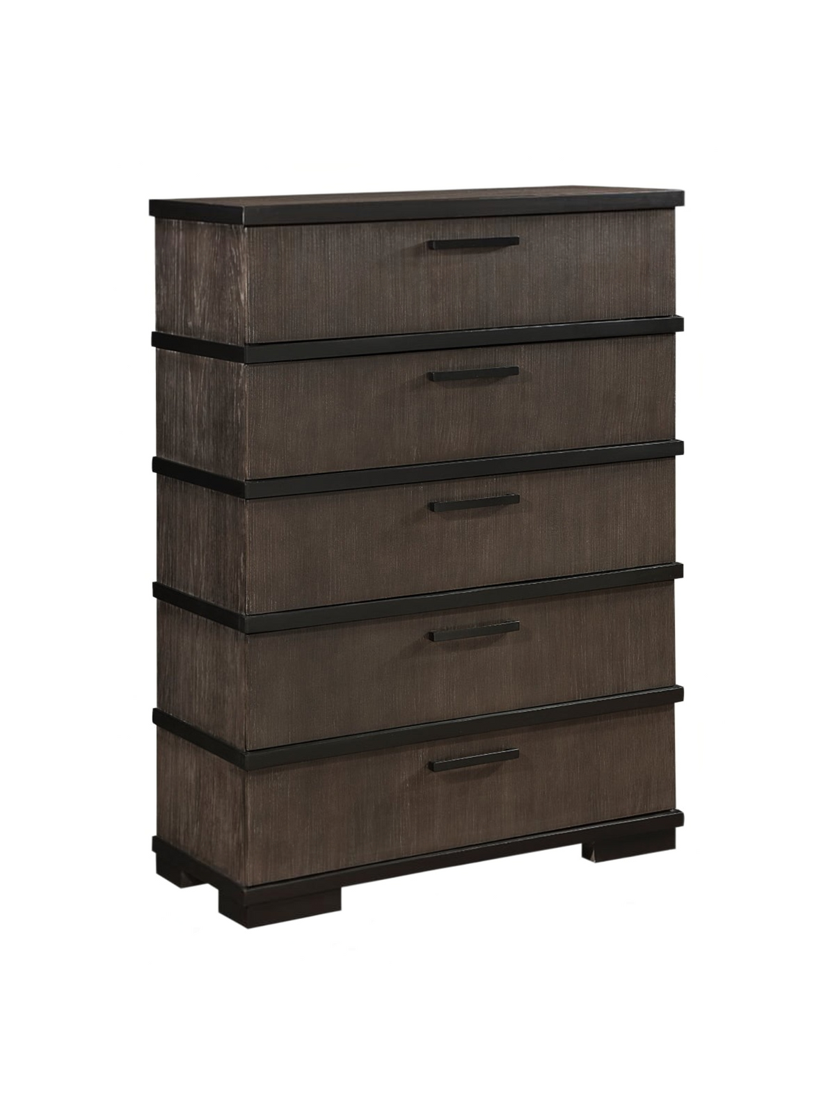 Commode haute Marius TOCO Meubles en placage de chêne gris-brun et noir avec cinq tiroirs et poignées noires mates