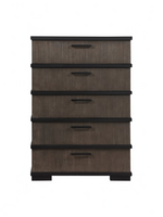 Commode haute Marius TOCO Meubles à cinq tiroirs en placage de chêne gris-brun avec poignées noires mates