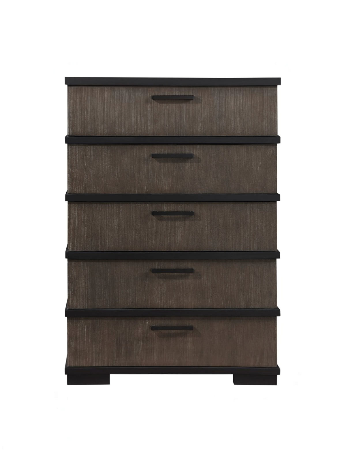 Commode haute Marius TOCO Meubles à cinq tiroirs en placage de chêne gris-brun avec poignées noires mates
