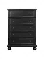Commode haute TOCO Meubles Margaux à cinq tiroirs en bois noir effet usé avec boutons en bronze antique et pieds boule