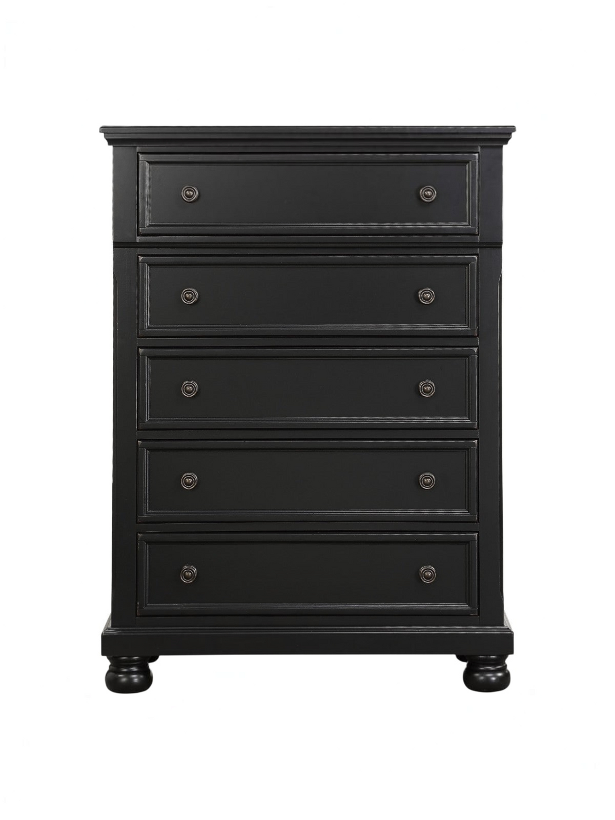 Commode haute TOCO Meubles Margaux à cinq tiroirs en bois noir effet usé avec boutons en bronze antique et pieds boule