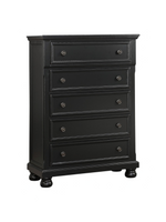 Commode haute Margaux de TOCO Meubles en bois noir effet usé avec cinq tiroirs et pieds boule style traditionnel