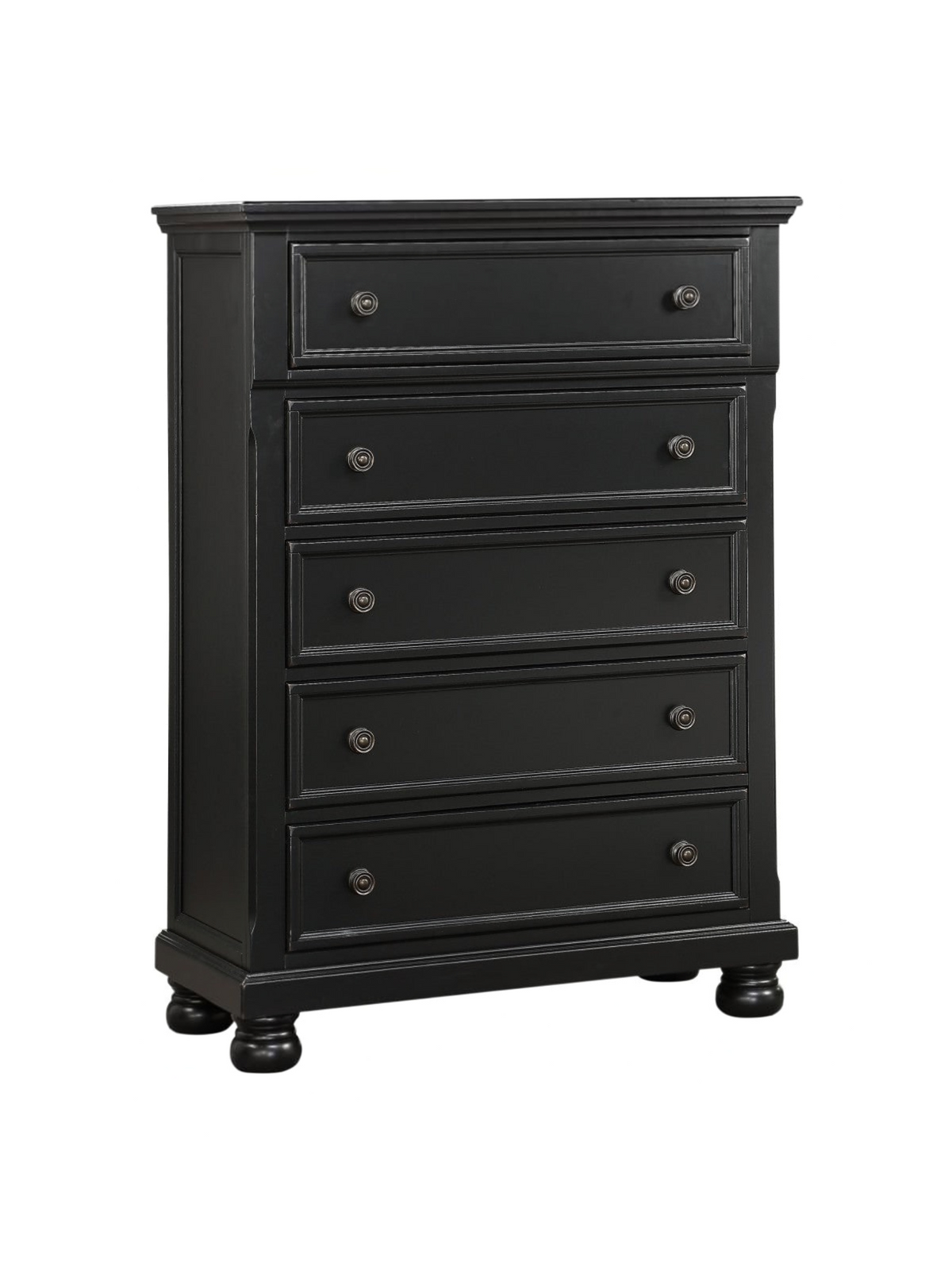 Commode haute Margaux de TOCO Meubles en bois noir effet usé avec cinq tiroirs et pieds boule style traditionnel