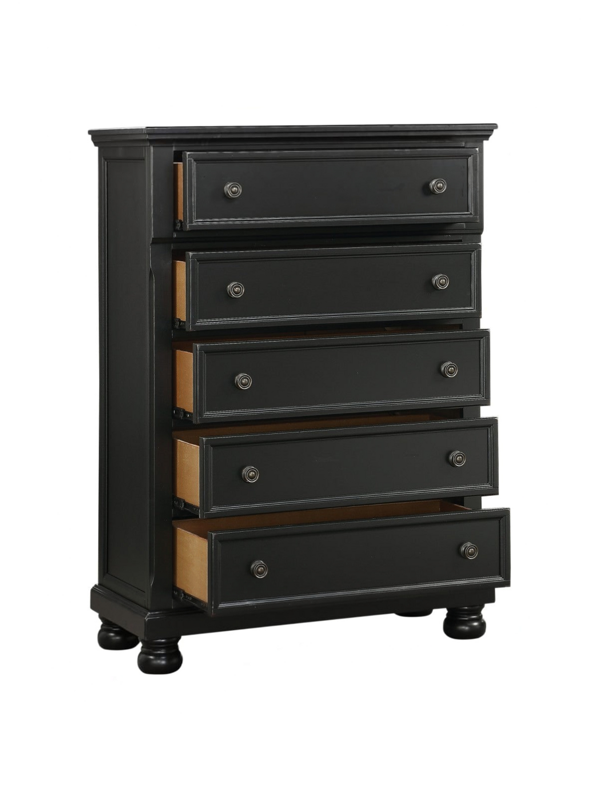 Commode haute Margaux TOCO Meubles noire effet usé avec cinq tiroirs, boutons bronze antique et pieds boule