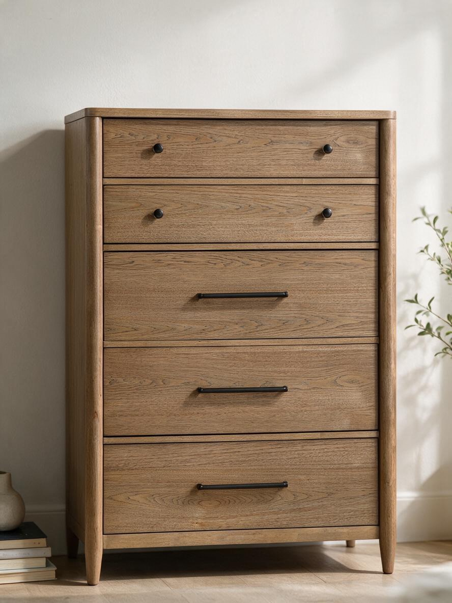 Commode haute Noria par TOCO Meubles en placage de hickory brun avec cinq tiroirs et poignées en nickel antique