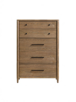 Commode haute Noria TOCO Meubles en placage de hickory brun avec cinq tiroirs et poignées en nickel antique
