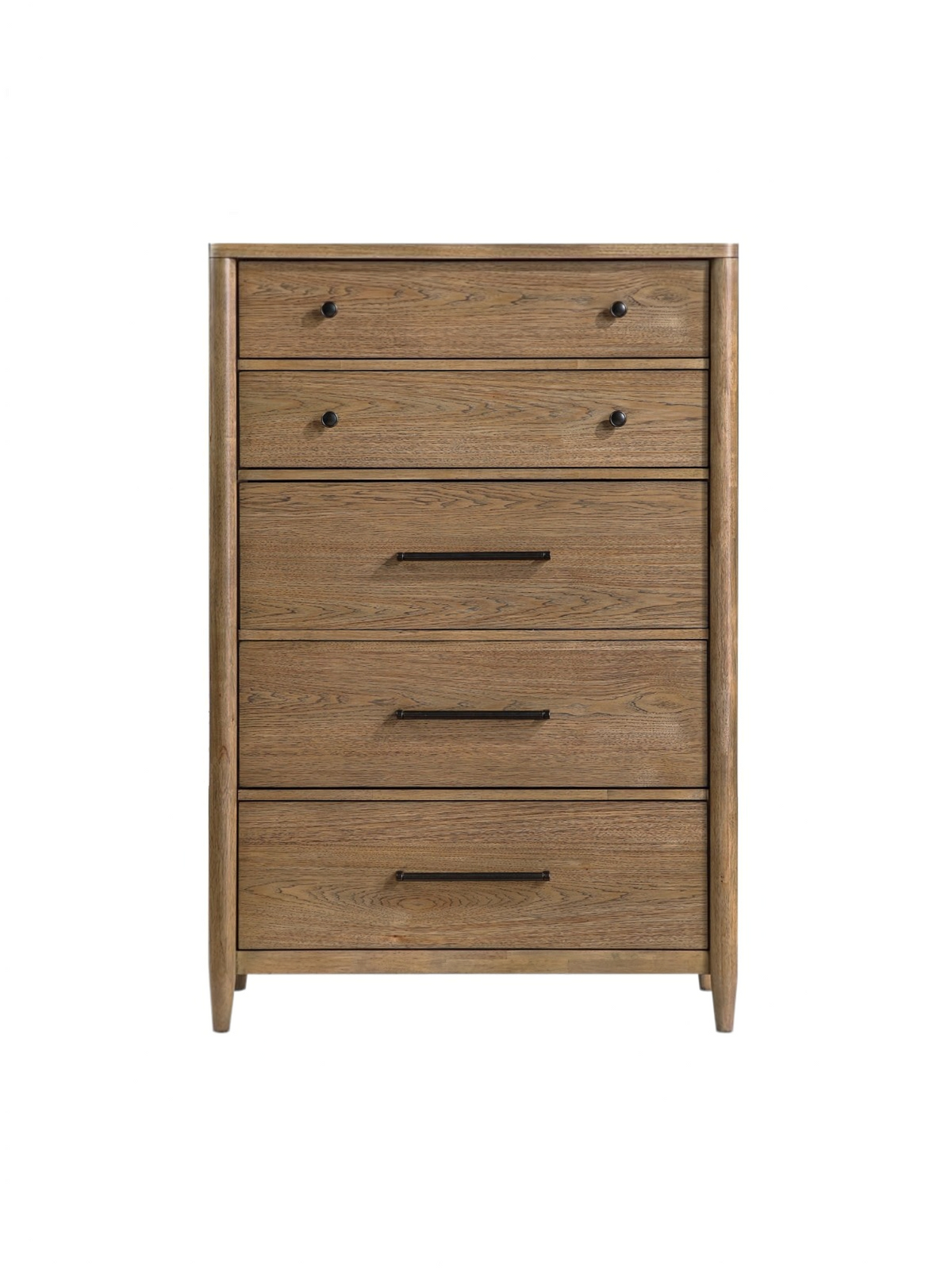 Commode haute Noria TOCO Meubles en placage de hickory brun avec cinq tiroirs et poignées en nickel antique