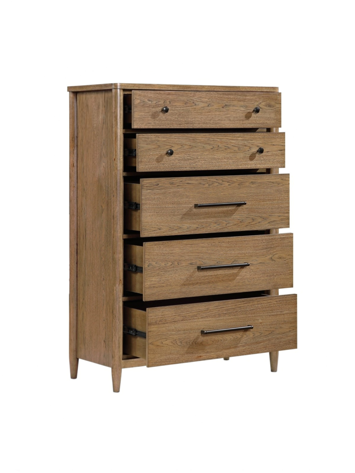 Commode haute Noria TOCO Meubles en placage de hickory brun avec cinq tiroirs, poignées nickel antique et boutons
