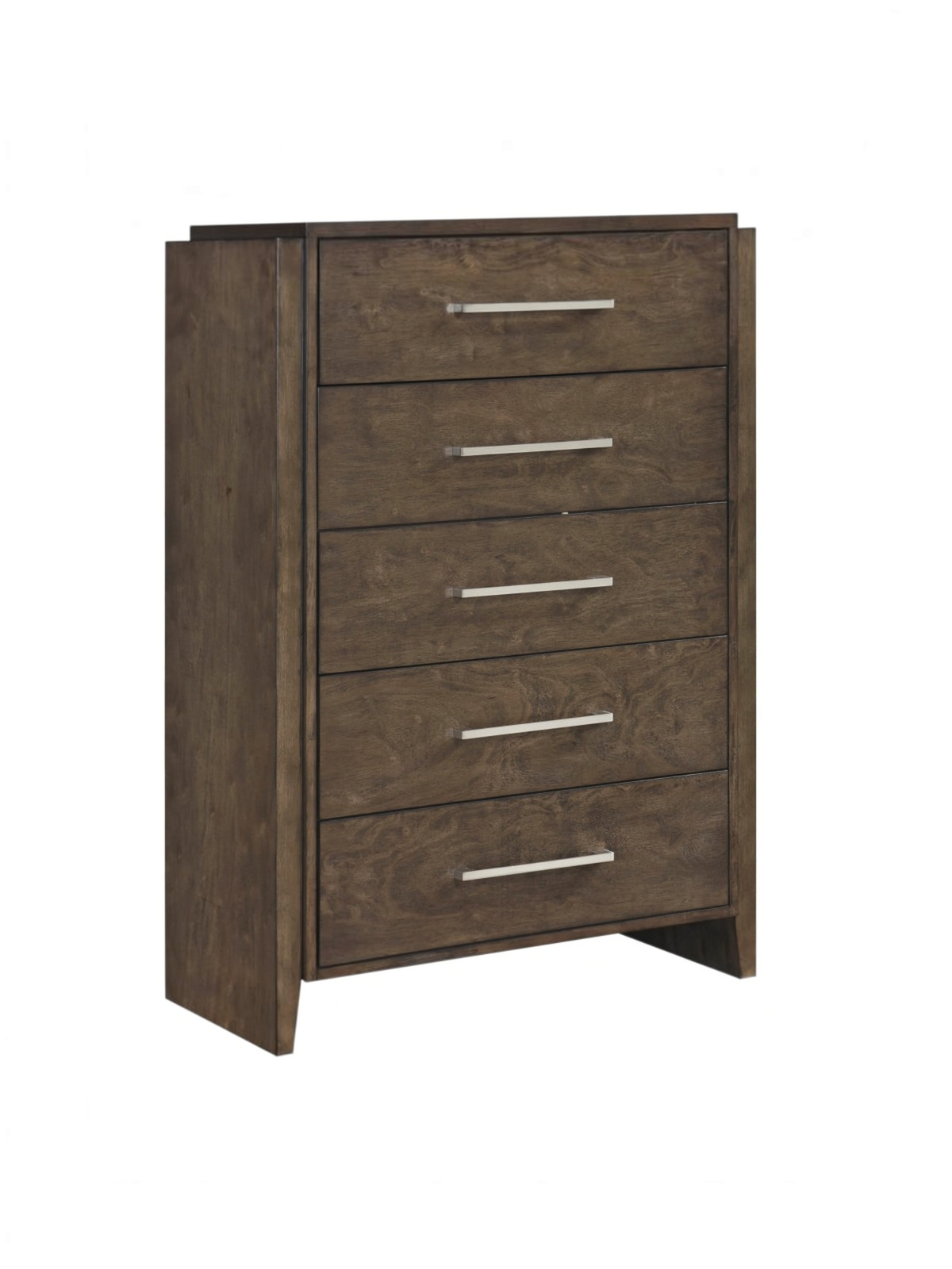 Commode haute Edgar de TOCO Meubles en bois d'hévéa noyer foncé avec cinq tiroirs et poignées en chrome poli