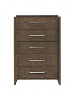 Commode haute Edgar TOCO Meubles en bois d'hévéa noyer foncé avec cinq tiroirs et poignées en chrome poli