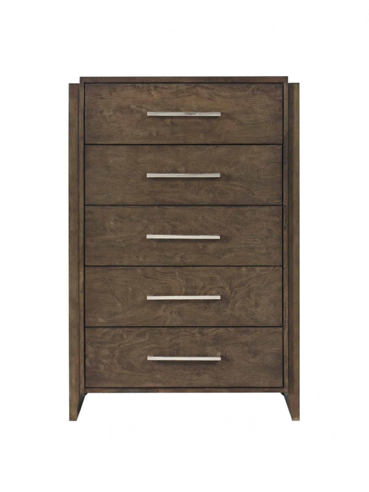 Commode haute Edgar TOCO Meubles en bois d'hévéa noyer foncé avec cinq tiroirs et poignées en chrome poli