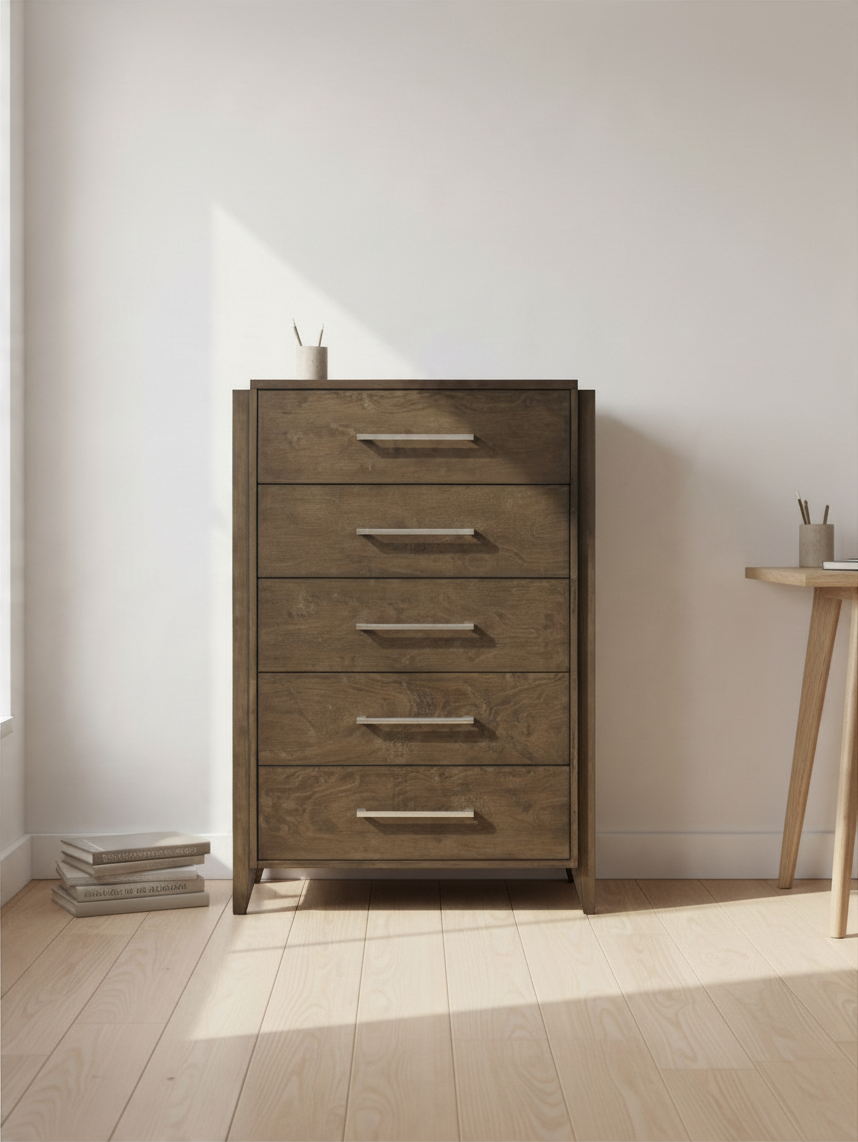 Commode haute Edgar TOCO Meubles en bois d'hévéa noyer foncé avec cinq tiroirs et poignées chromées