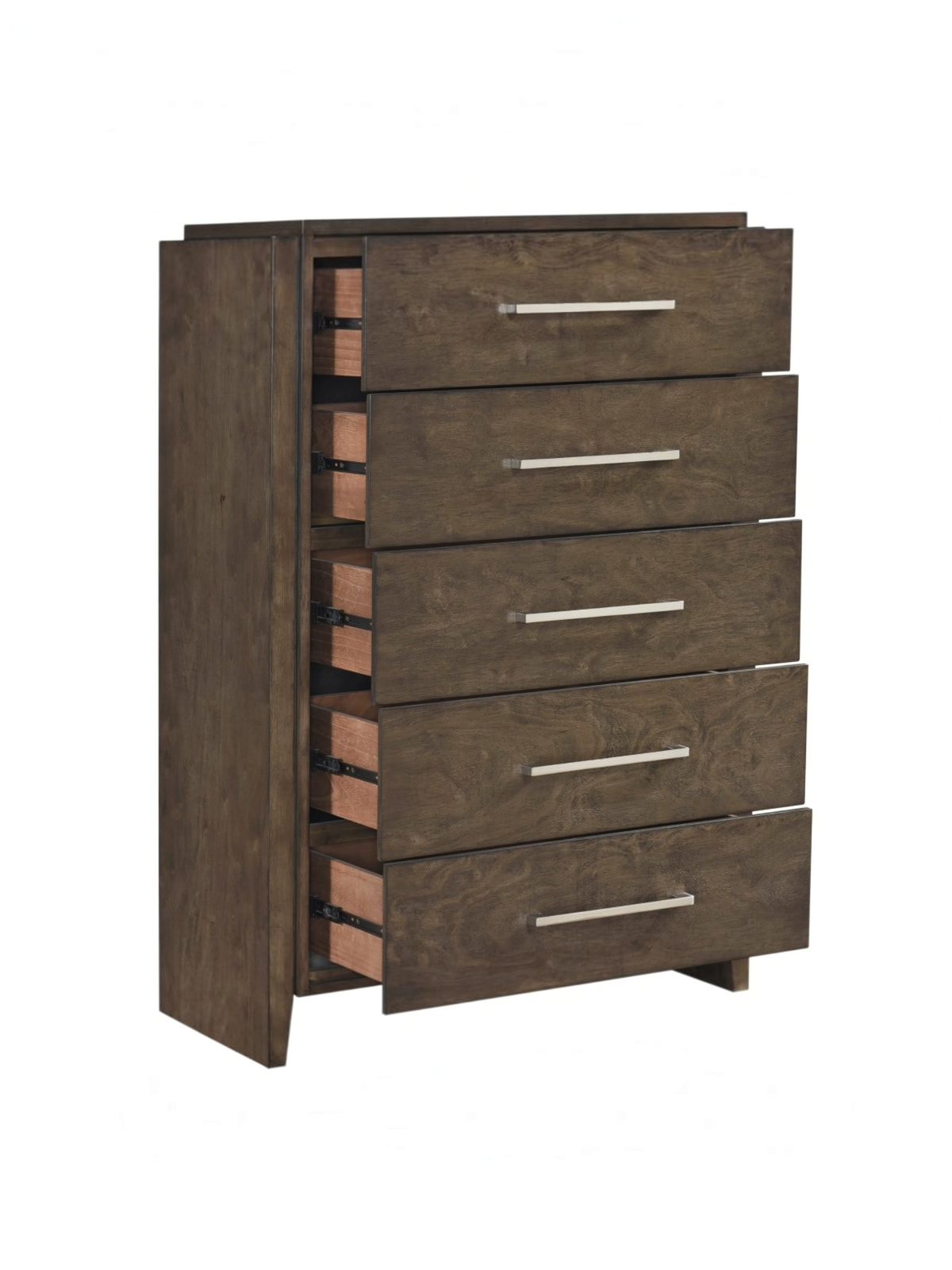 Commode haute TOCO Meubles Edgar en bois d'hévéa noyer foncé avec cinq tiroirs et poignées en chrome poli