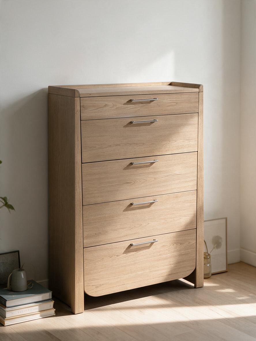 Commode haute Samora par TOCO Meubles en placage de hickory brun clair avec cinq tiroirs et poignées nickel antique