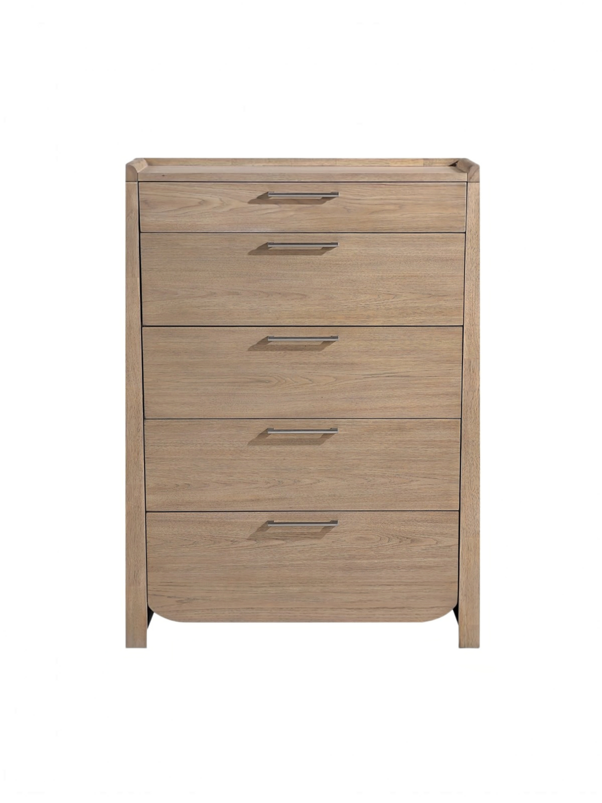 Commode haute Samora de TOCO Meubles en placage de hickory brun clair avec cinq tiroirs et poignées nickel antique
