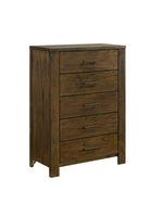 Commode haute Silas de TOCO Meubles en placage de mindi fini chêne brossé avec cinq tiroirs et poignées brun foncé