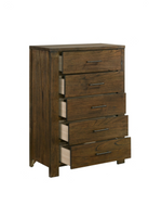 Commode haute TOCO Meubles Silas en placage de mindi fini chêne brossé avec cinq tiroirs et poignées brun foncé