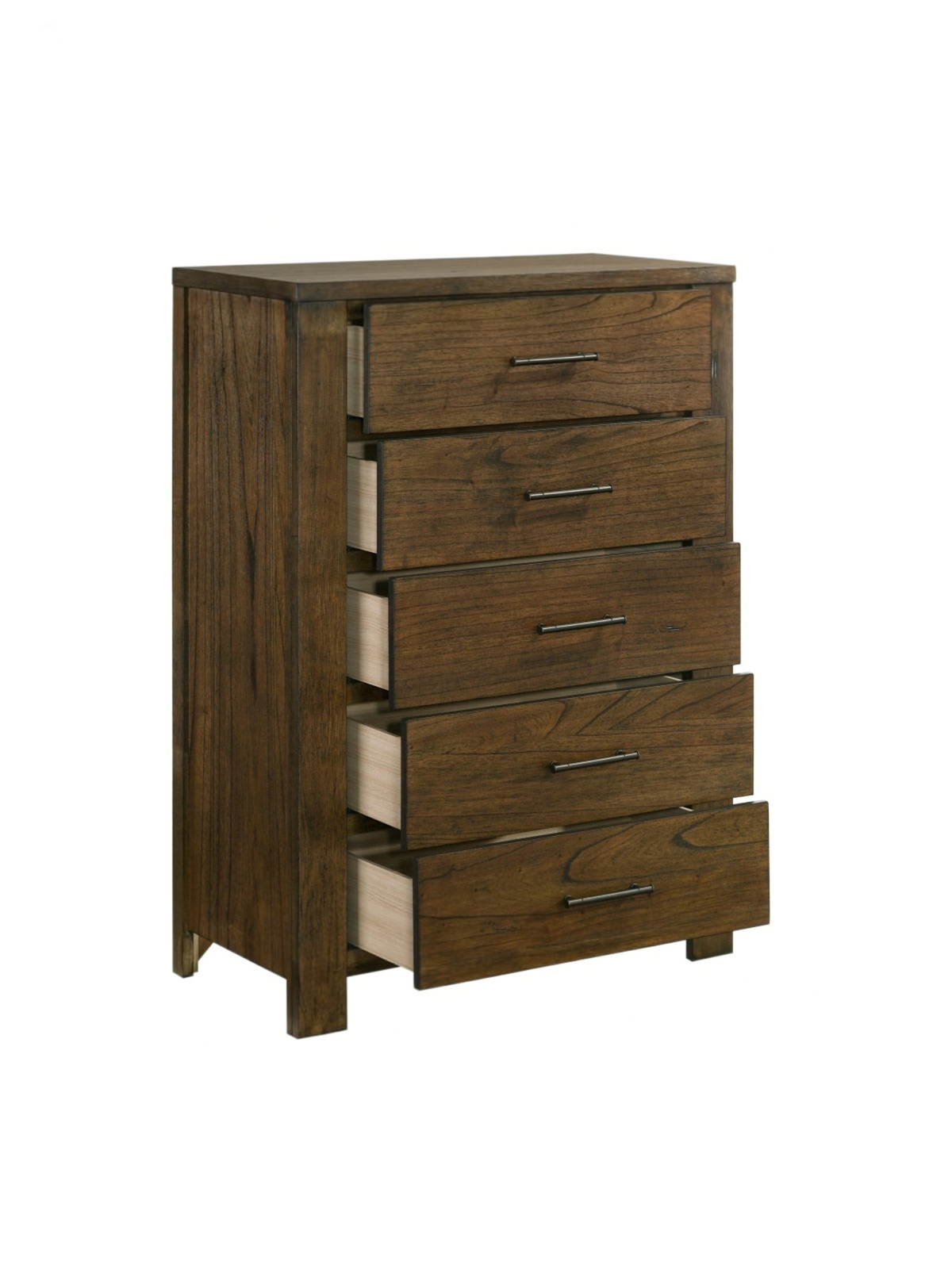 Commode haute TOCO Meubles Silas en placage de mindi fini chêne brossé avec cinq tiroirs et poignées brun foncé