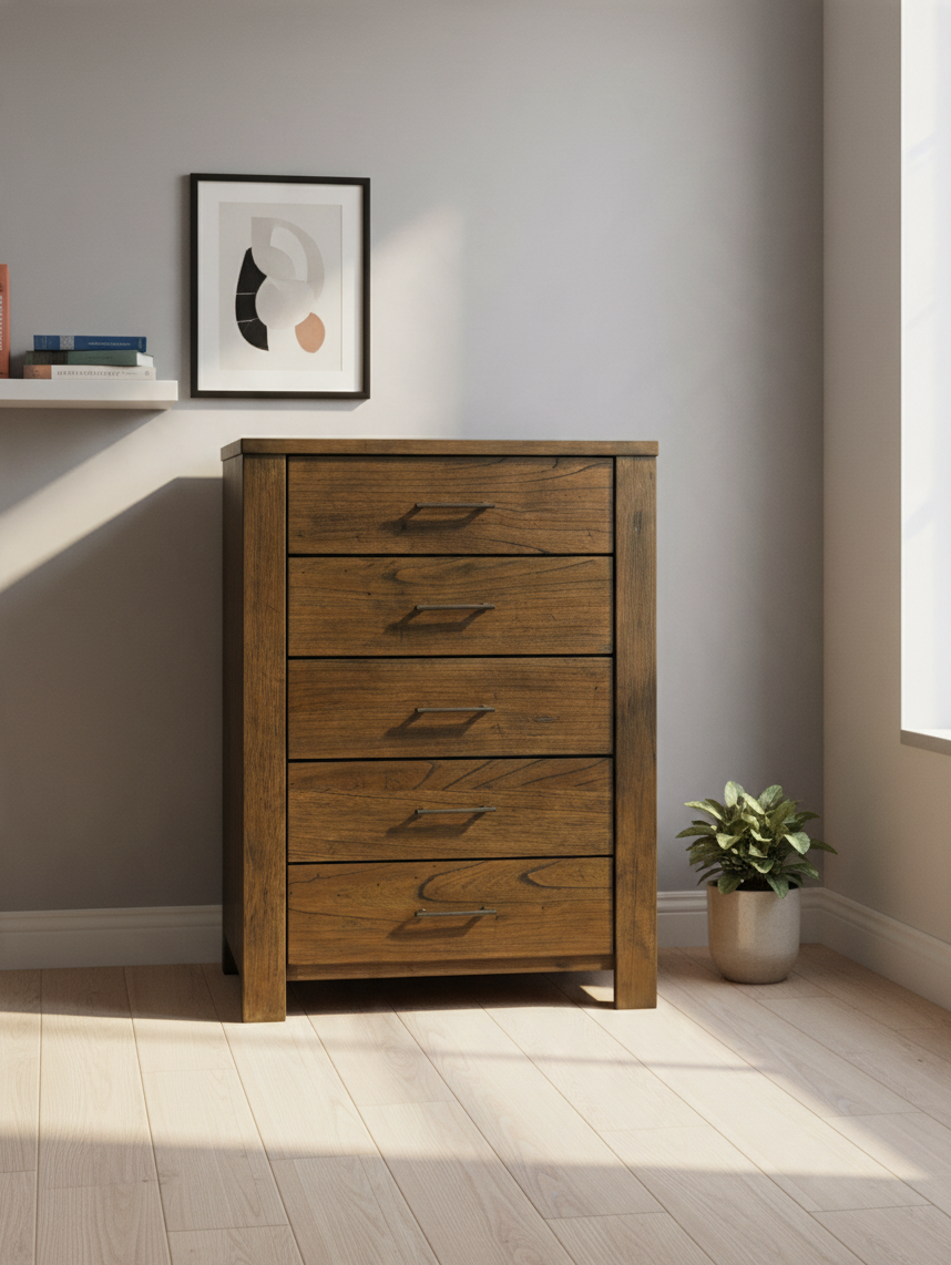 Commode haute Silas de TOCO Meubles en placage de mindi fini chêne brossé avec cinq tiroirs et poignées brun foncé