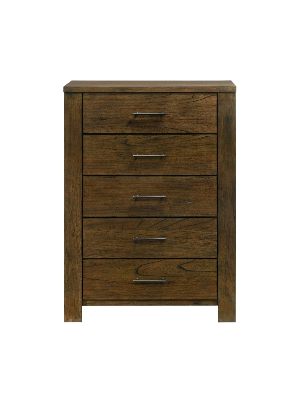 Commode haute Silas TOCO Meubles en placage de mindi fini chêne brossé avec cinq tiroirs et poignées brun foncé
