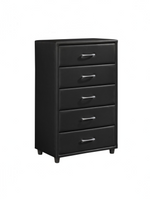 Commode haute TOCO Meubles Léon à cinq tiroirs en similicuir noir avec poignées barres argentées