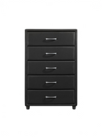 Commode haute TOCO Meubles Léon à cinq tiroirs en similicuir noir avec poignées barres argentées