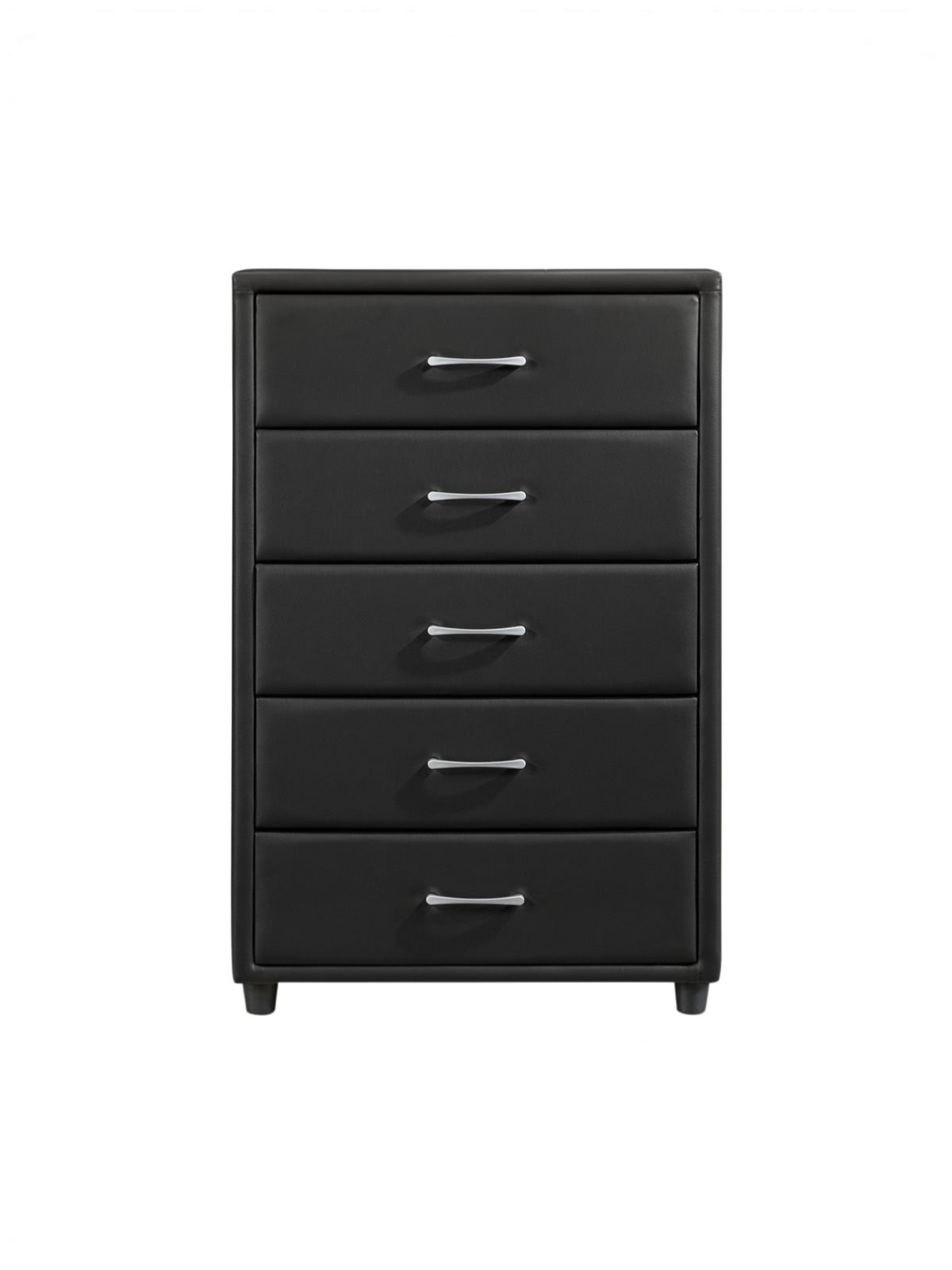 Commode haute TOCO Meubles Léon à cinq tiroirs en similicuir noir avec poignées barres argentées