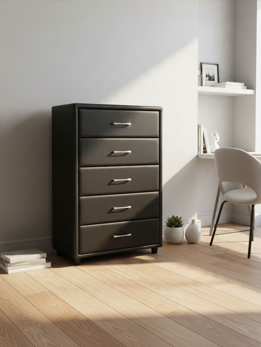Commode haute TOCO Meubles Léon à cinq tiroirs en similicuir noir avec poignées argentées dans une chambre moderne