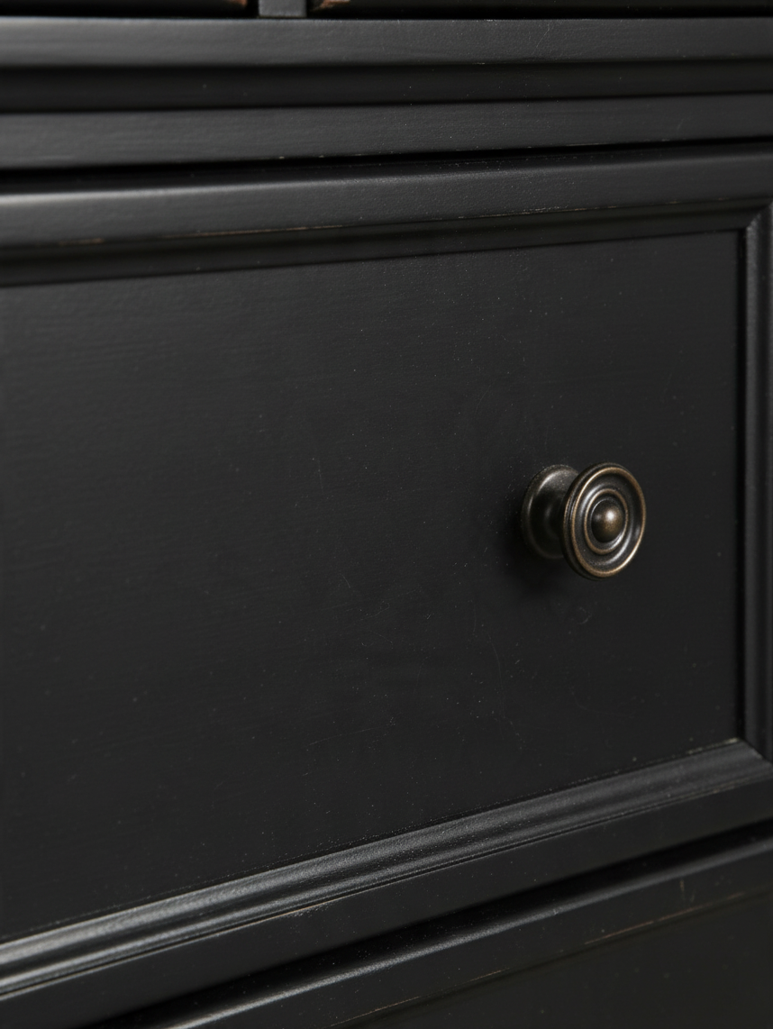 Gros plan sur le tiroir de la commode double TOCO Meubles Margaux en bois noir effet usé avec bouton en bronze antique