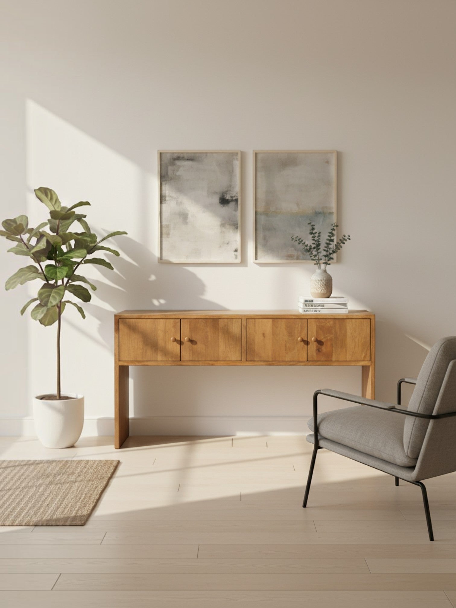Console Kelani TOCO Meubles en bois clair avec tiroirs de rangement dans un salon contemporain lumineux