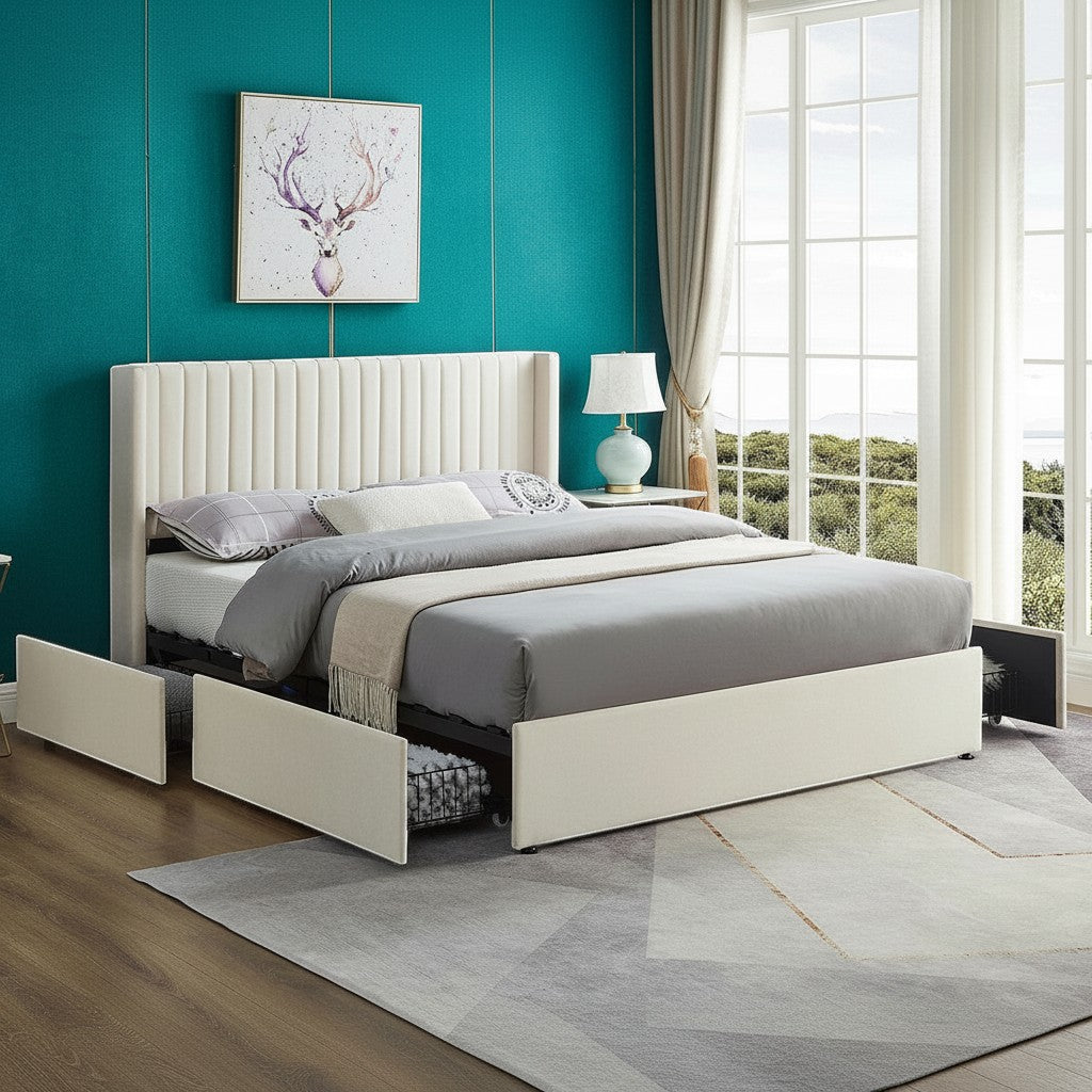 TOCO Meubles cream velvet double bed with vertical channel tufting on headboard and storage drawers.