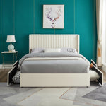 TOCO Meubles cream velvet double bed with fluted headboard and storage drawers. Contemporary design.