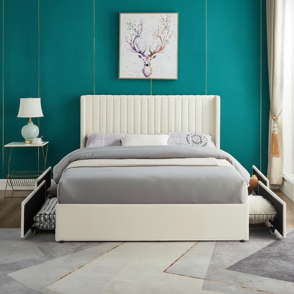 TOCO Meubles cream velvet double bed with fluted headboard and storage drawers. Contemporary design.