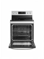Cuisinière électrique autoportante TOCO Meubles en acier inoxydable avec four ouvert, 5 brûleurs et commandes tactiles.