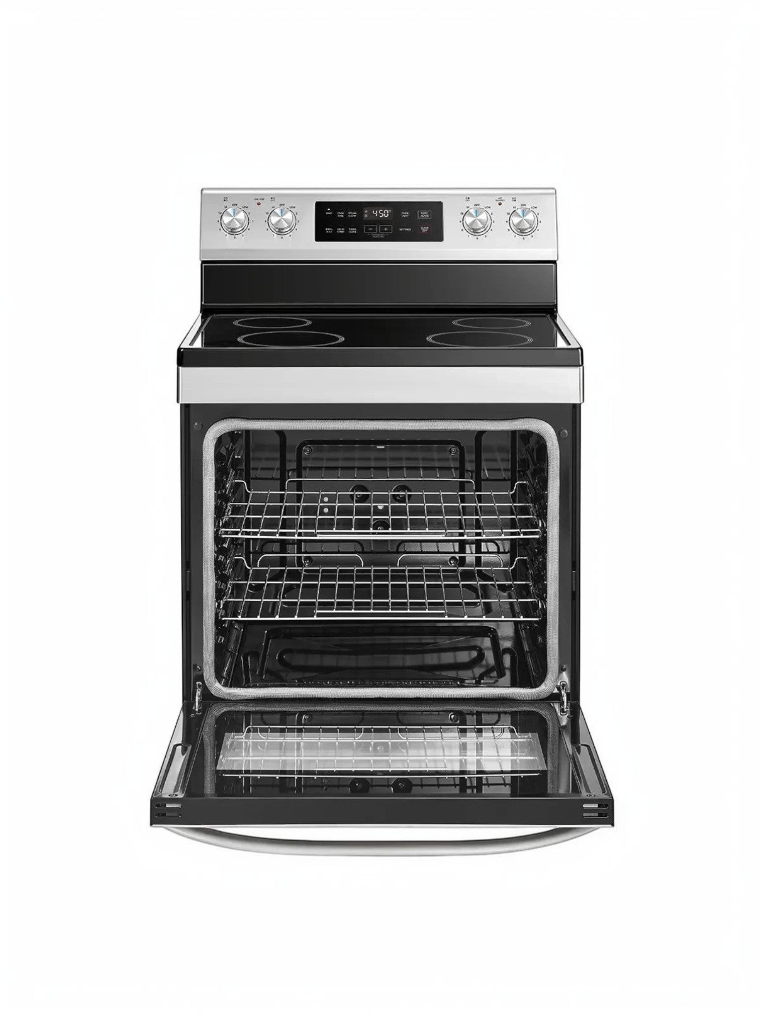 Cuisinière électrique autoportante TOCO Meubles en acier inoxydable avec four ouvert, 5 brûleurs et commandes tactiles.