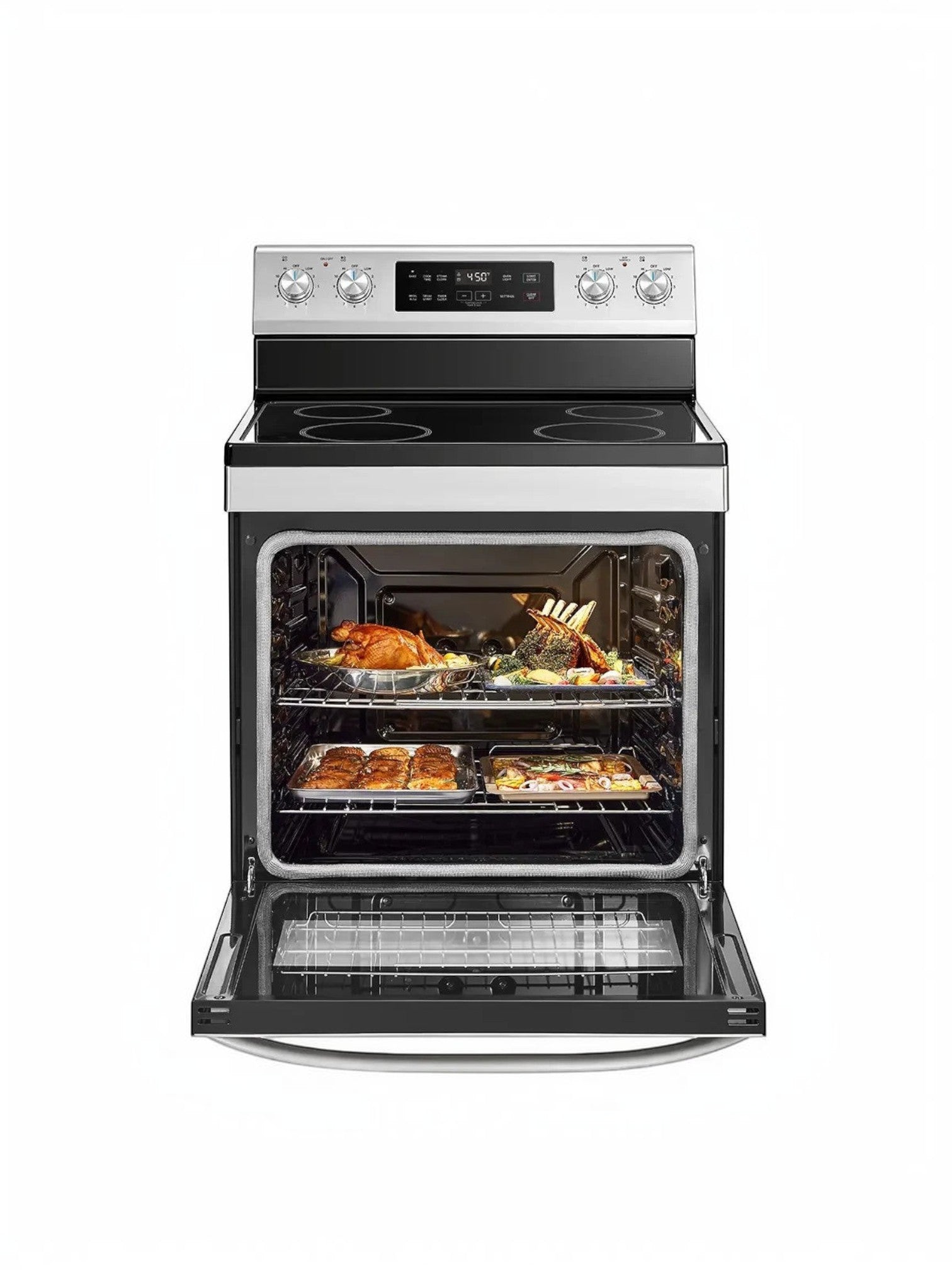 Cuisinière électrique autoportante TOCO Meubles en acier inoxydable avec four ouvert montrant un poulet rôti, des côtelettes d'agneau et des légumes.
