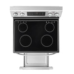 Cuisinière électrique autoportante TOCO Meubles en acier inoxydable avec table de cuisson vitrocéramique noire et tiroir de rangement.