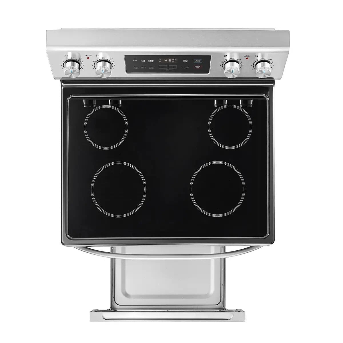 Cuisinière électrique autoportante TOCO Meubles en acier inoxydable avec table de cuisson vitrocéramique noire et tiroir de rangement.