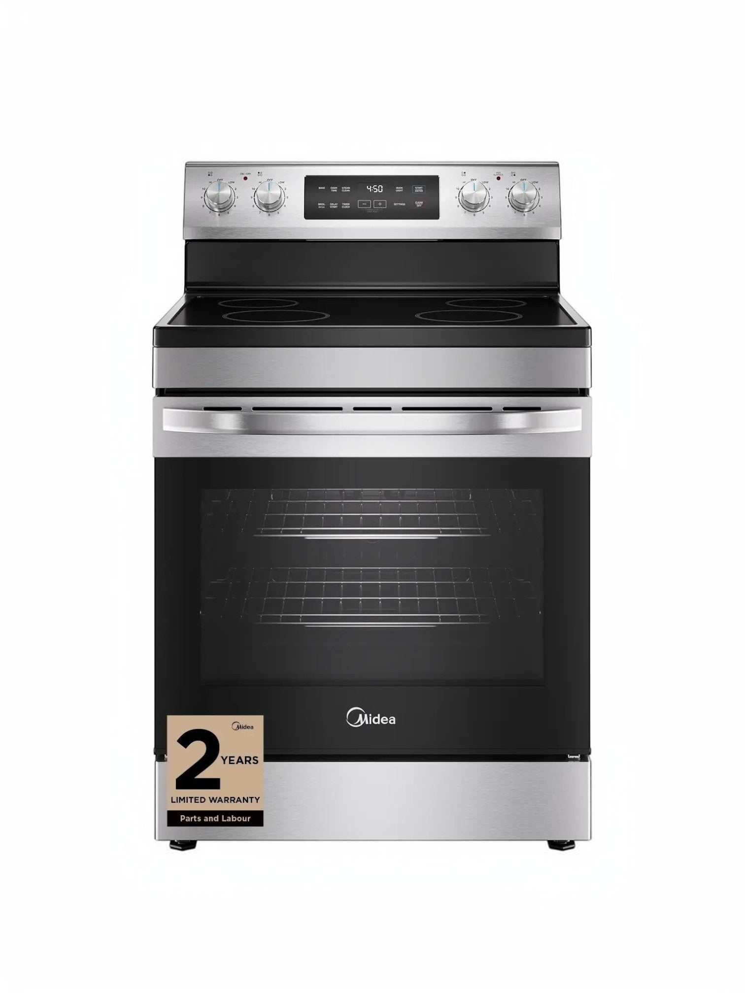 Cuisinière électrique autoportante MIDEA en acier inoxydable avec surface de cuisson vitrocéramique et four spacieux. Comprend une fonction de friture à air chaud et une connectivité intelligente.