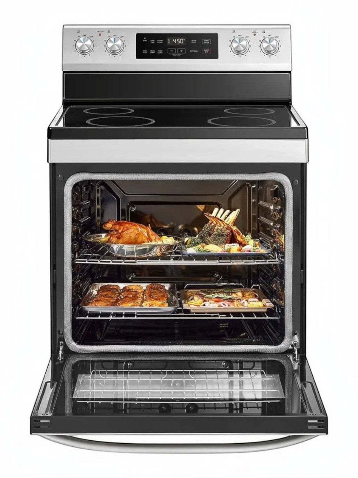 Cuisinière électrique MIDEA TOCO Meubles avec four 6,3 pi³ ouvert contenant des plats cuisinés et surface vitrocéramique