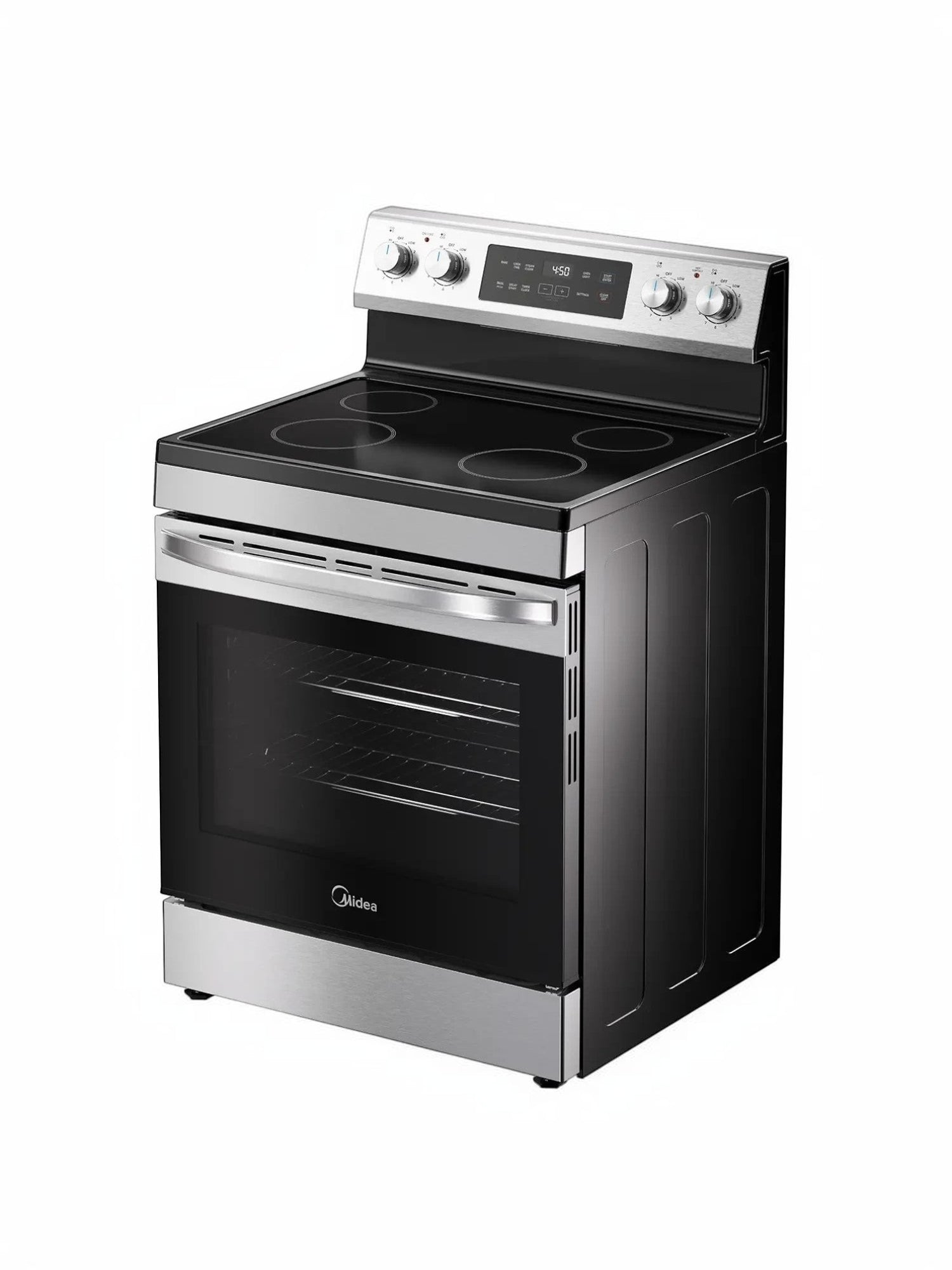 Cuisinière électrique autoportante TOCO Meubles en acier inoxydable et noir avec table de cuisson vitrocéramique et four à convection.