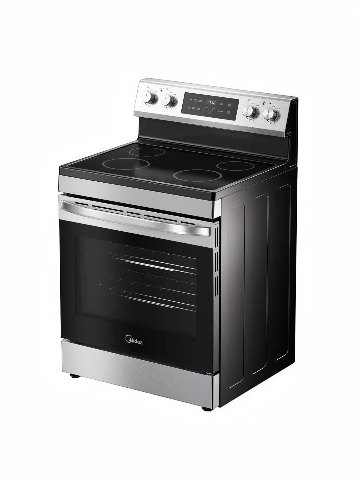 Cuisinière électrique autoportante TOCO Meubles en acier inoxydable et noir avec table de cuisson vitrocéramique et four à convection.