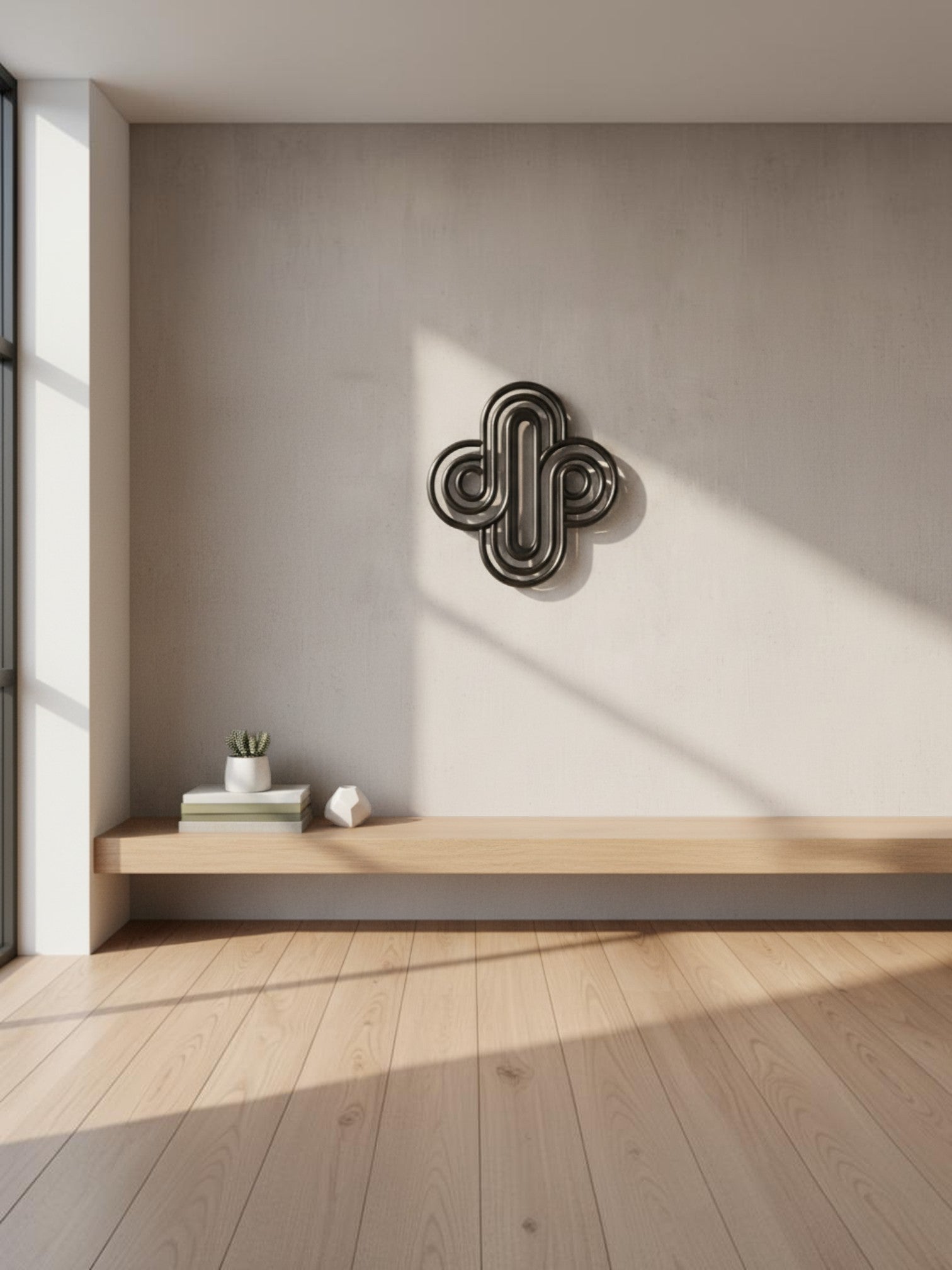 Décoration murale Aurum par TOCO Meubles, sculpture géométrique noire moderne sur mur beige dans un salon épuré.