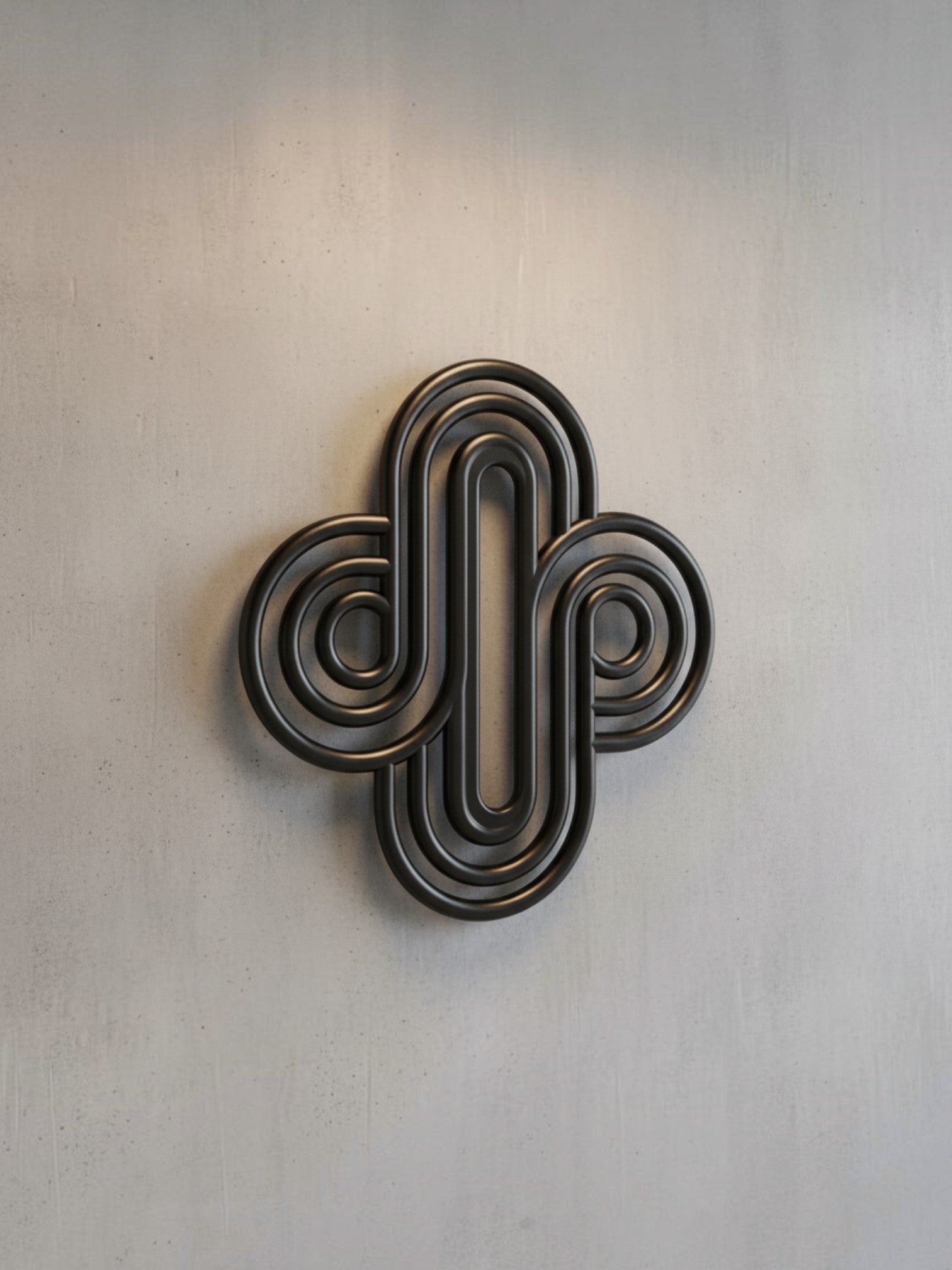 Décoration murale TOCO Meubles Aurum en métal noir avec un design géométrique abstrait et des courbes entrelacées.