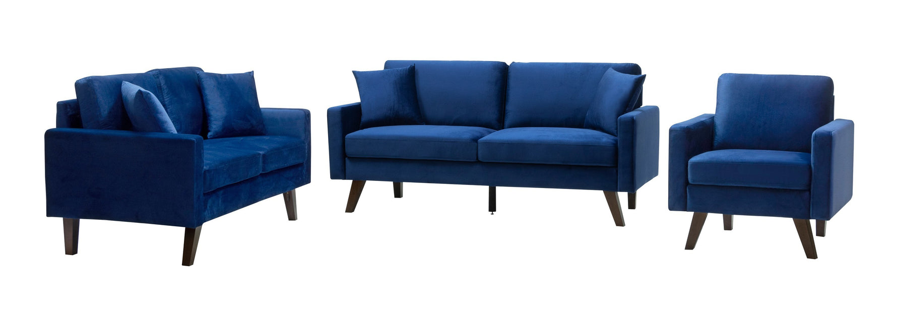TOCO Meubles Ensemble de canapés et fauteuil Royal en velours bleu marine avec pieds en bois.