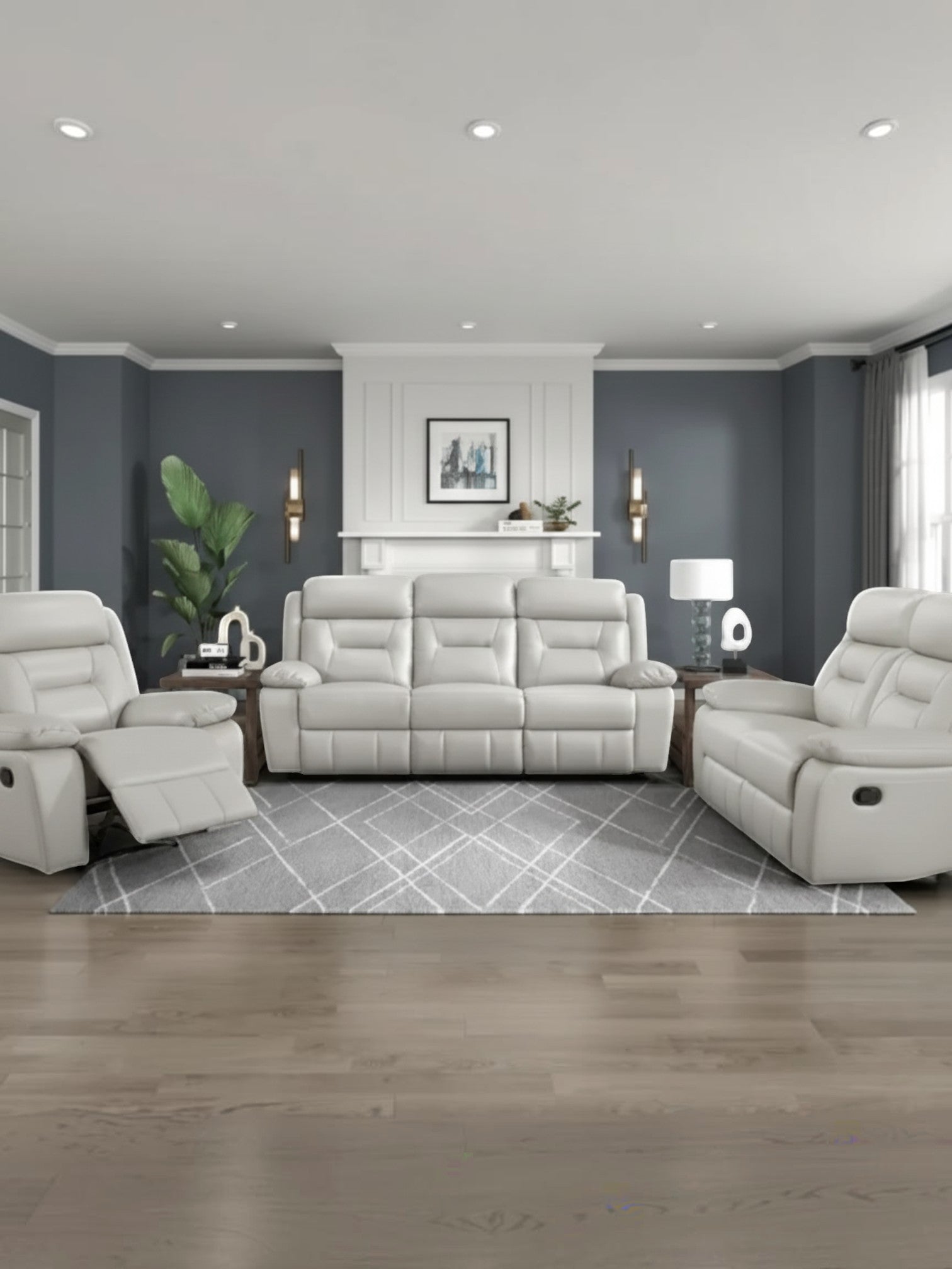 TOCO Meubles - Ensemble de salon inclinable Monroe blanc en cuir, 3 places et 2 fauteuils.